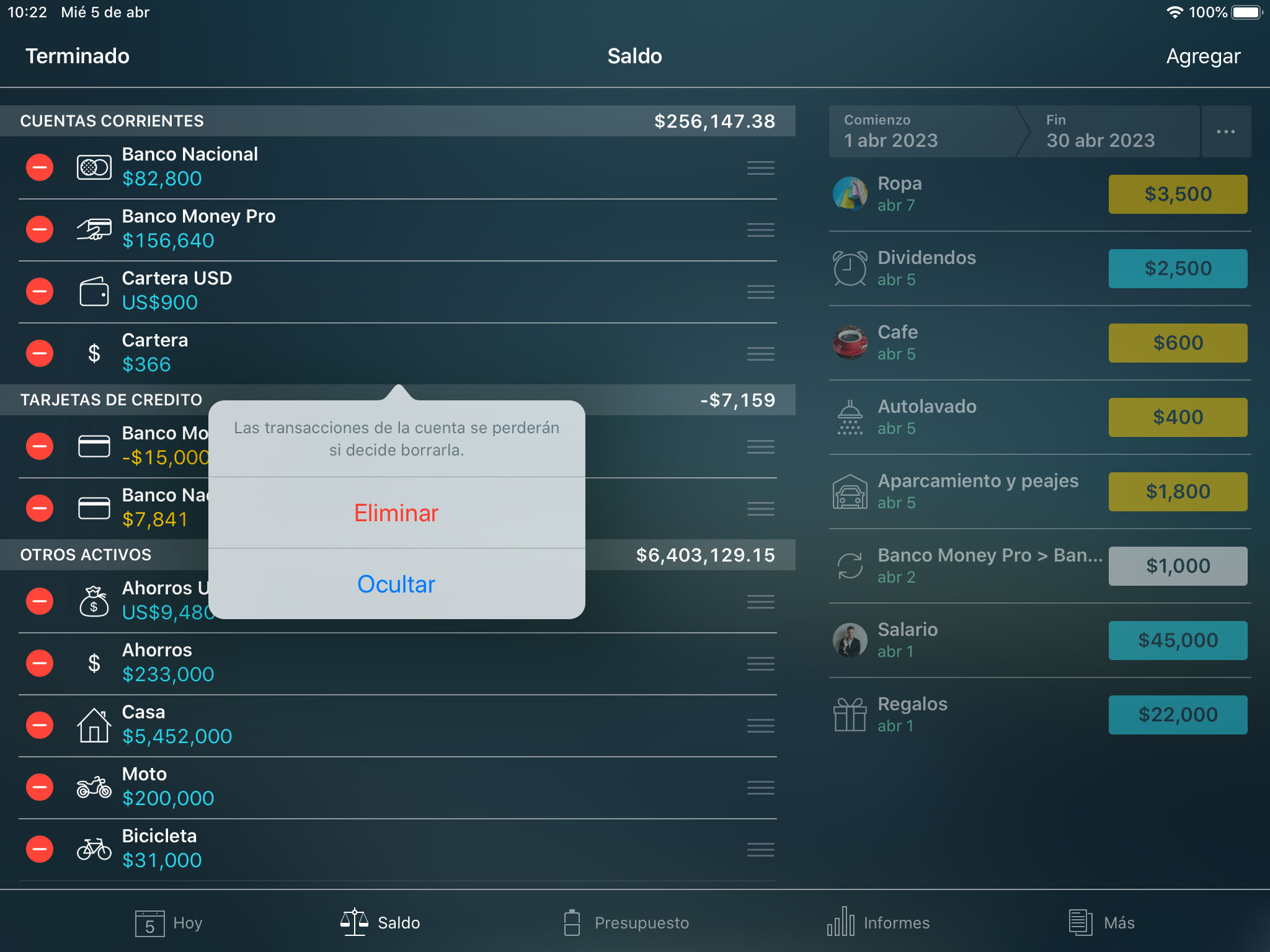 Money Tracker - Eliminación de una cuenta - iPad