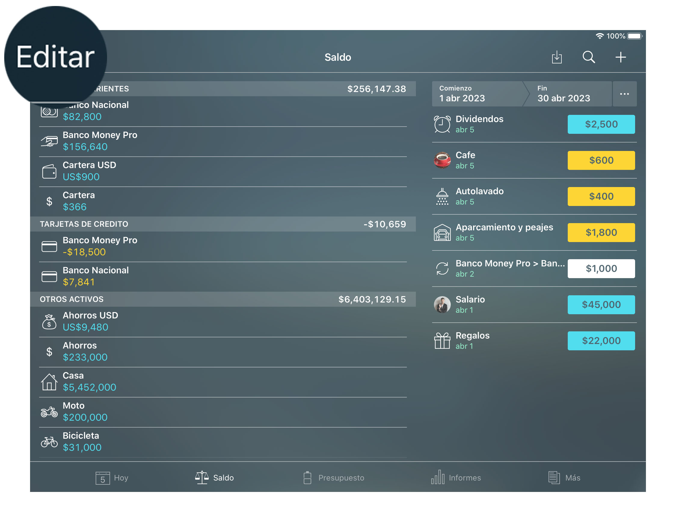 Money Tracker - Cuentas (Saldo) - Editar - iPad