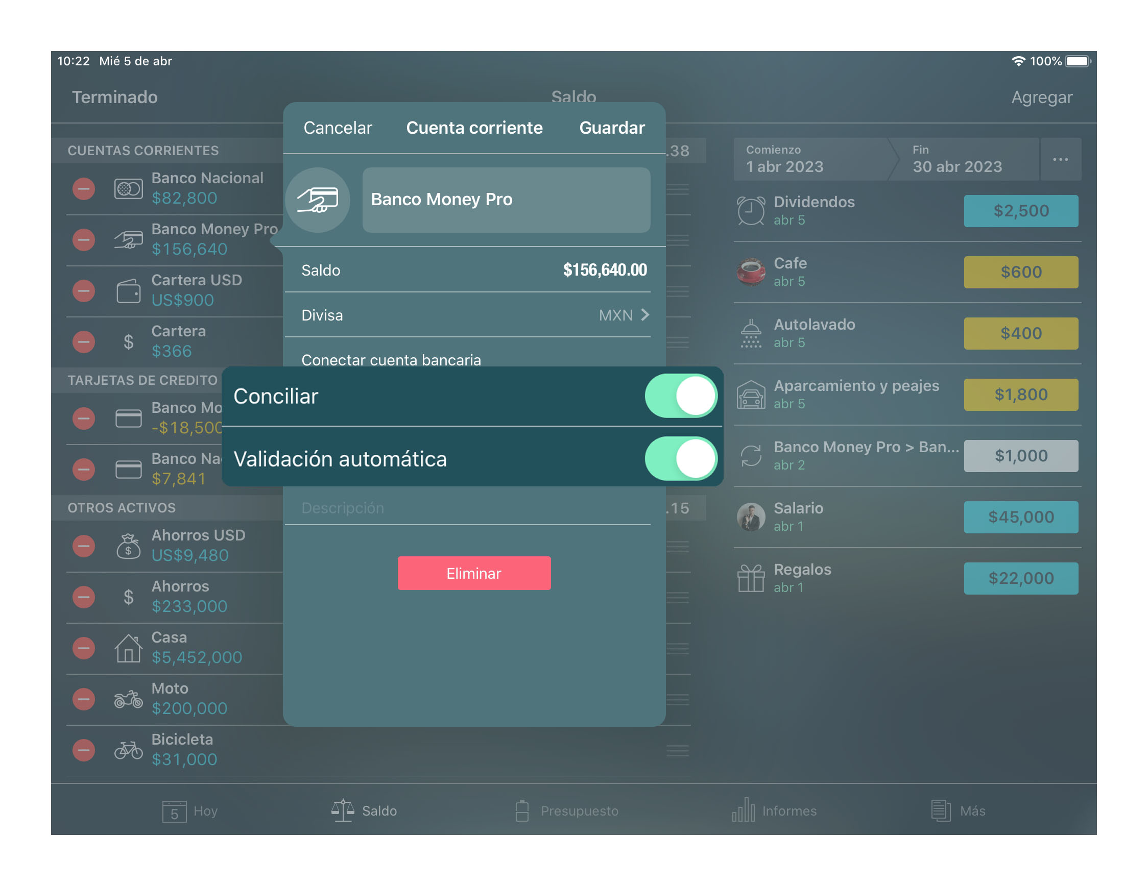Money Tracker - Reconciliación de las cuentas - iPad