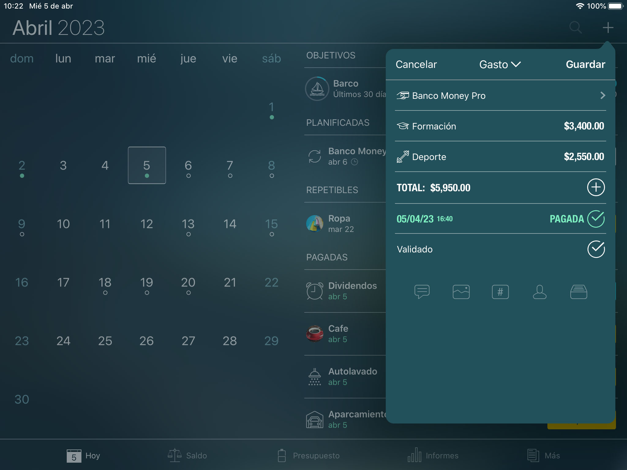 Money Tracker - Creación de una transacción - iPad
