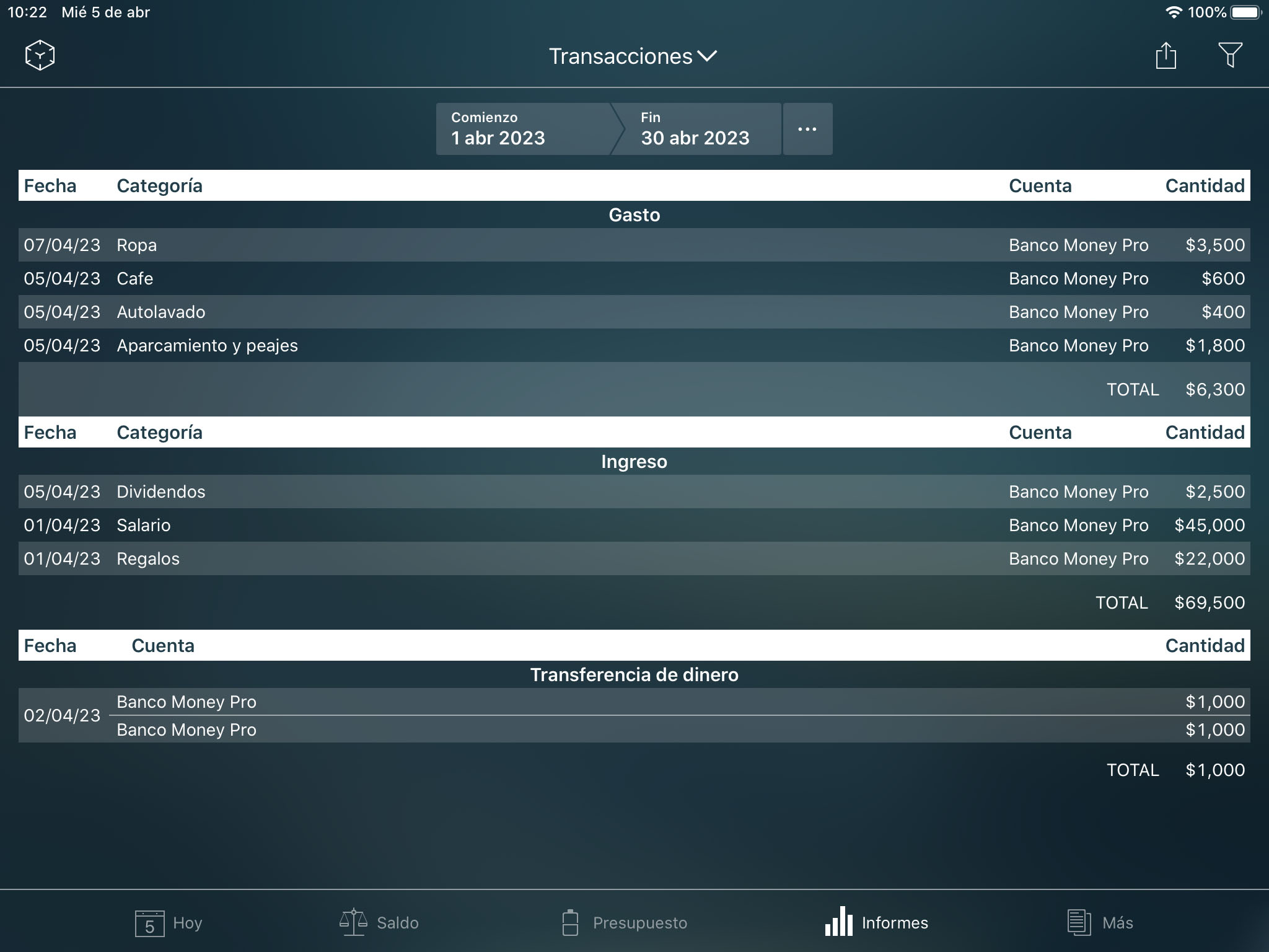 Money Tracker - Informe de Transacciones - iPad