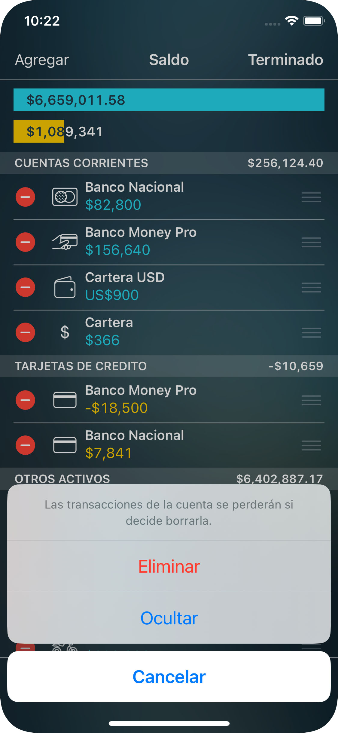 Money Tracker - Eliminación de una cuenta - iPhone