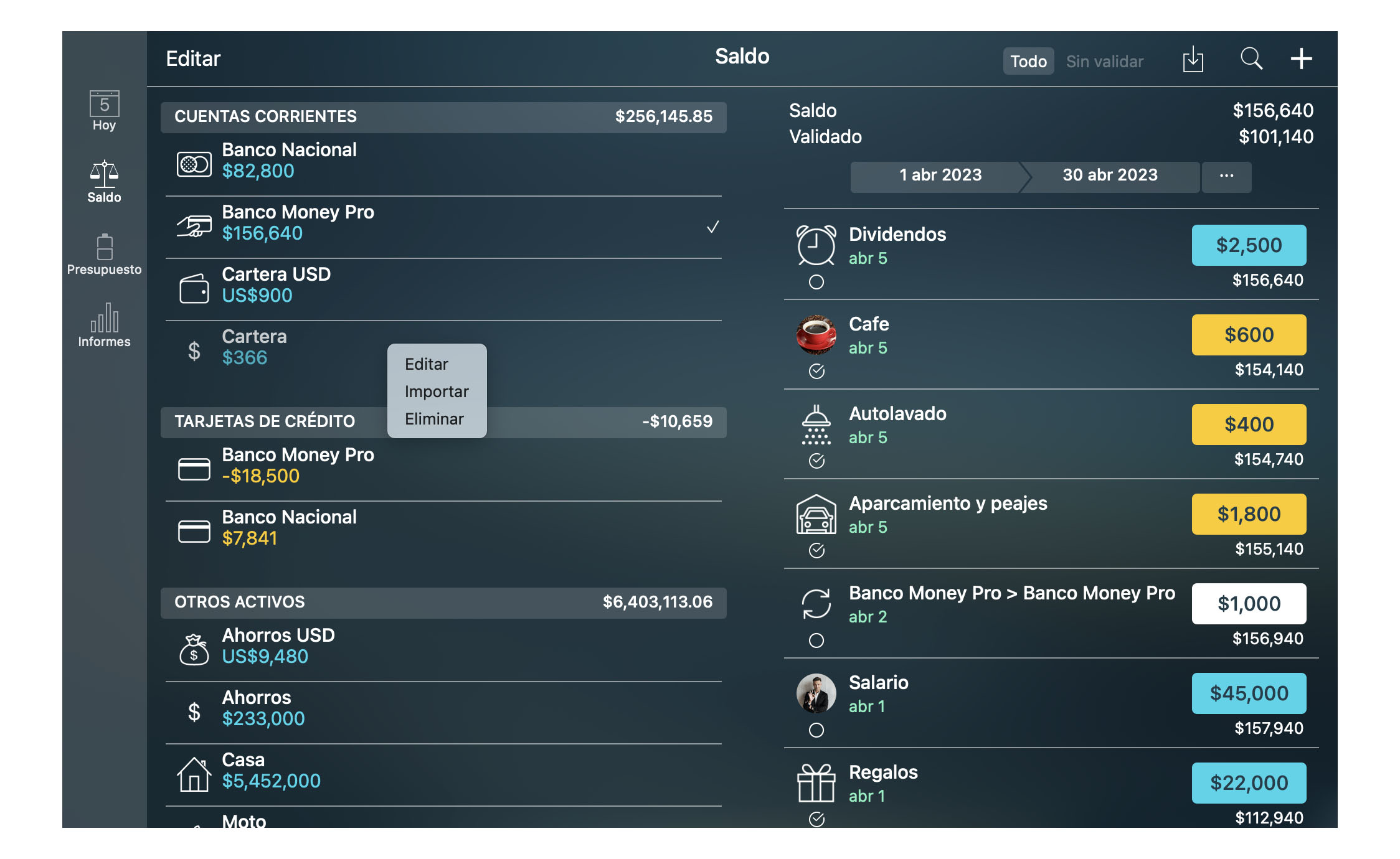 Money Tracker - Eliminación de una cuenta - Mac