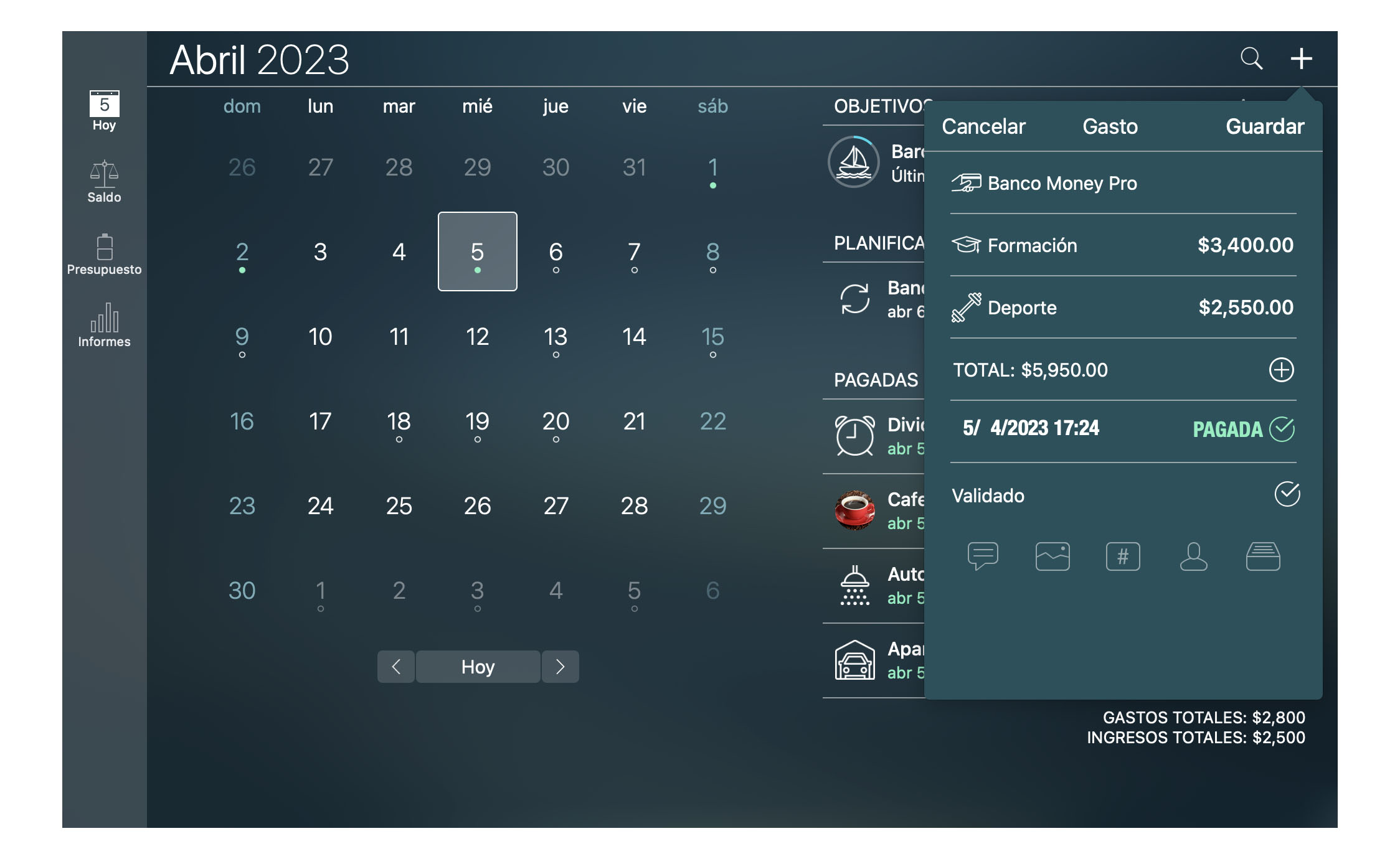 Money Tracker - Creación de una transacción - Mac