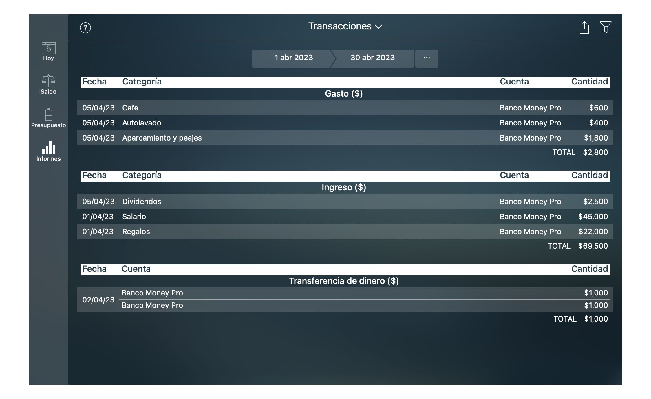 Money Tracker - Informe de Transacciones - Mac