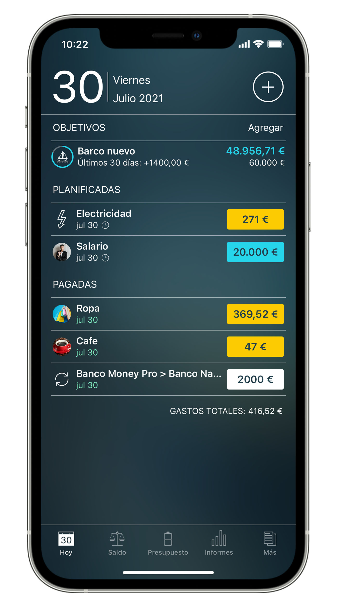 Money Tracker - Vista del día actual